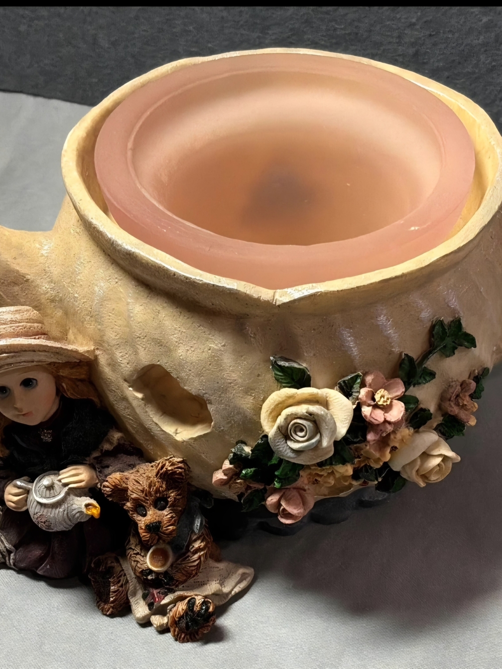 Resin Floral Candle Holder with Pink Center and Cream Rose Accents